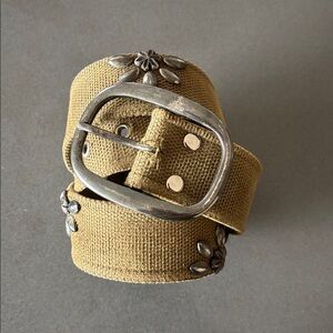 Army green canvas Belt with Floral Accents Hardware